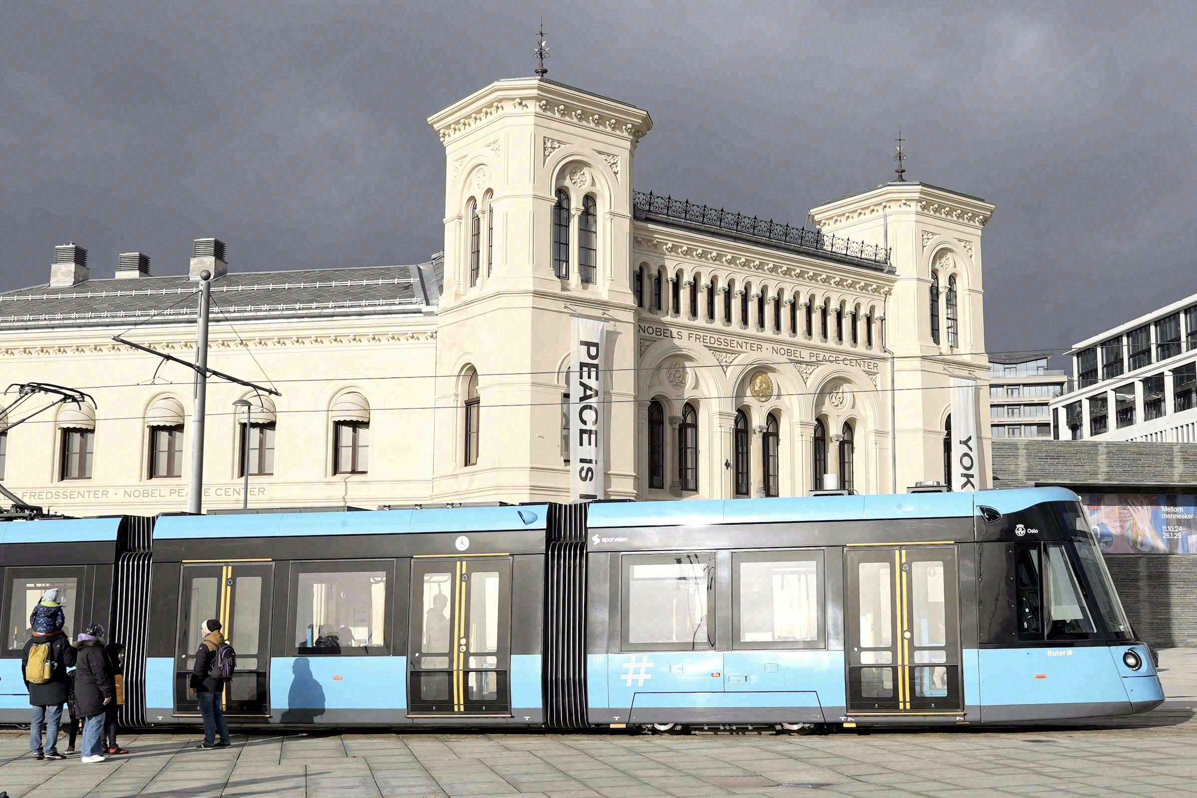 Tram in front of the Nobel Peace Centre in Oslo